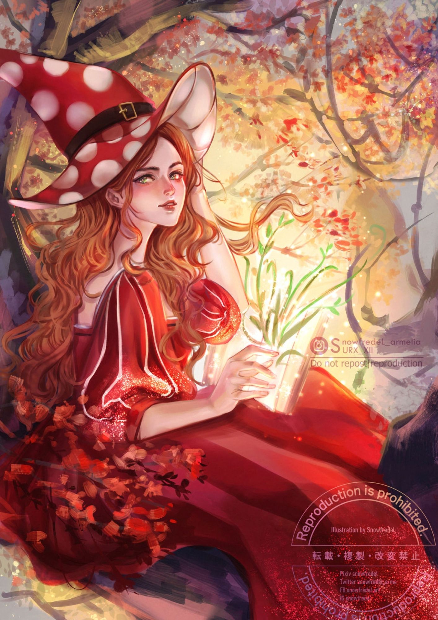 female green witch in red outfit sitting on the tree in autumn scene illustration art