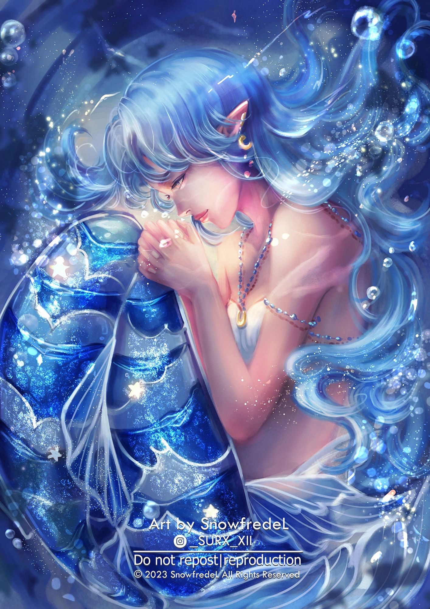 blue mermaid from mermay activity she has blue long hair and tail holding her hands under the water