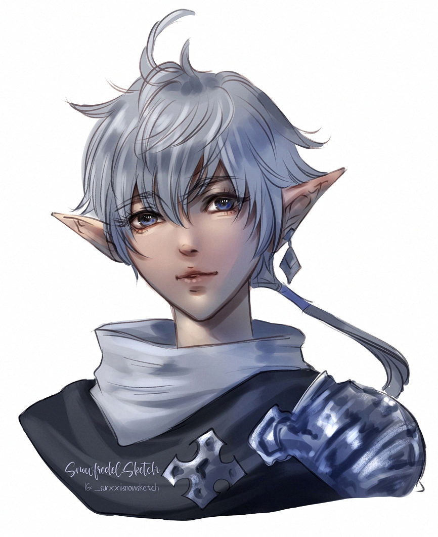 sketch color of sketch color of Alphinaud Leveilleur  bust up portrait art fanart from game Final Fantasy xiv ffxiv ff14 elf boy with white sliver hair