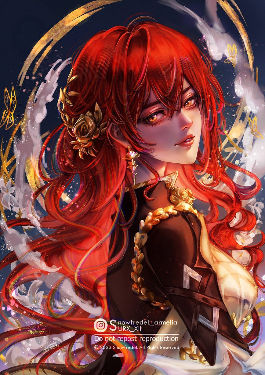 Himeko from Honkai star rail fanart she has red flows long hair with golden ornaments outfit