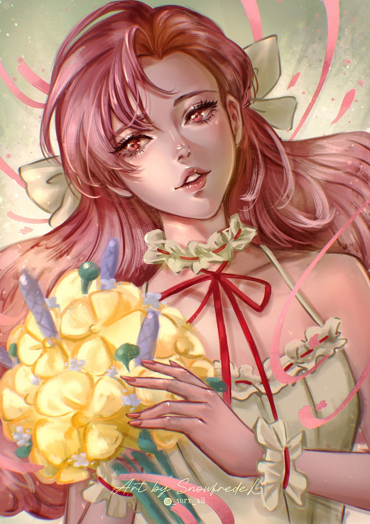 pink hair girl holding yellows flower in carnival theme