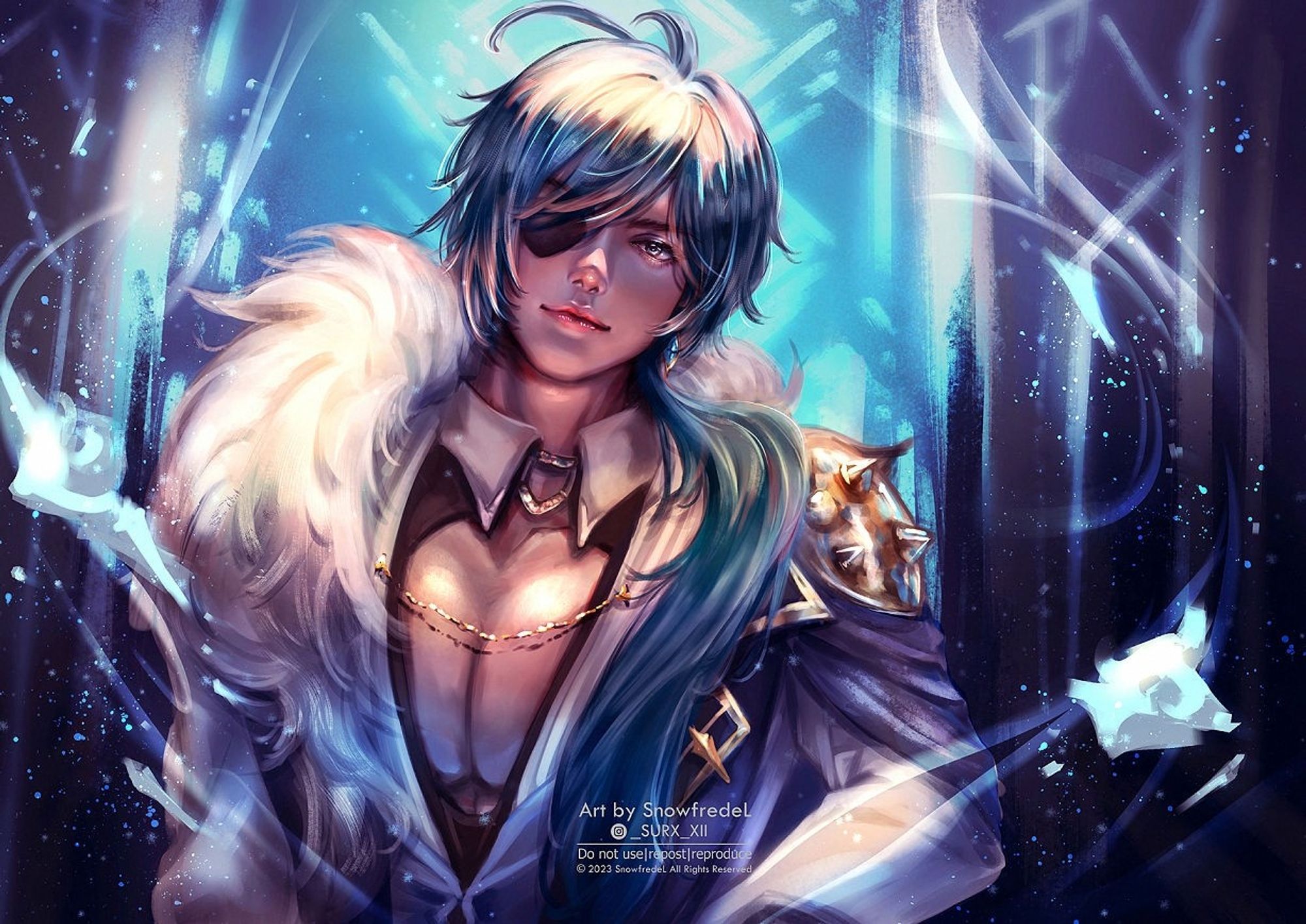 illustration of kaeya from genshin impact fanart in the icy blue hall background