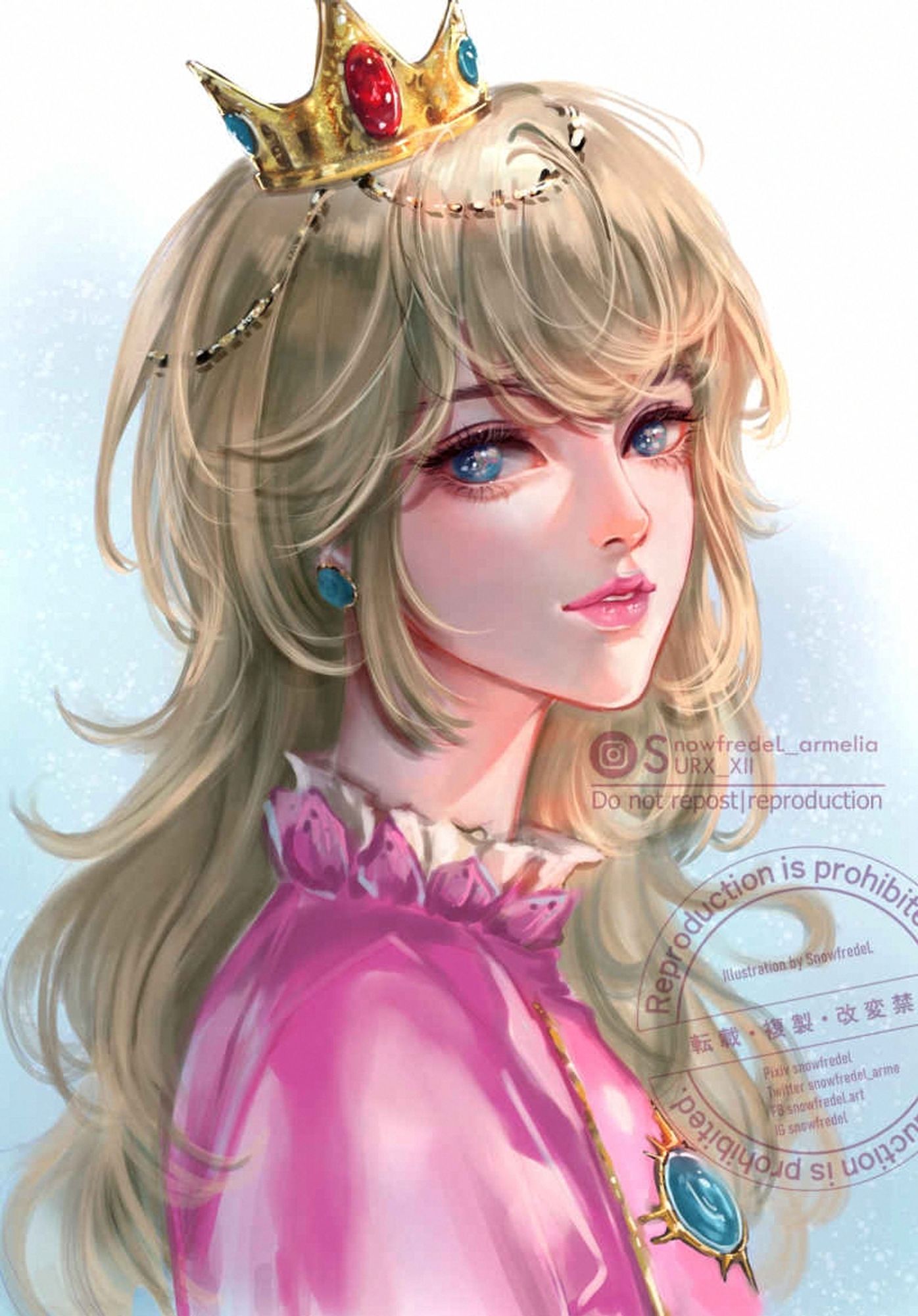 princess peach rom super mario brother fanart nintendo gane character illustration portrait in semireailsm digital art