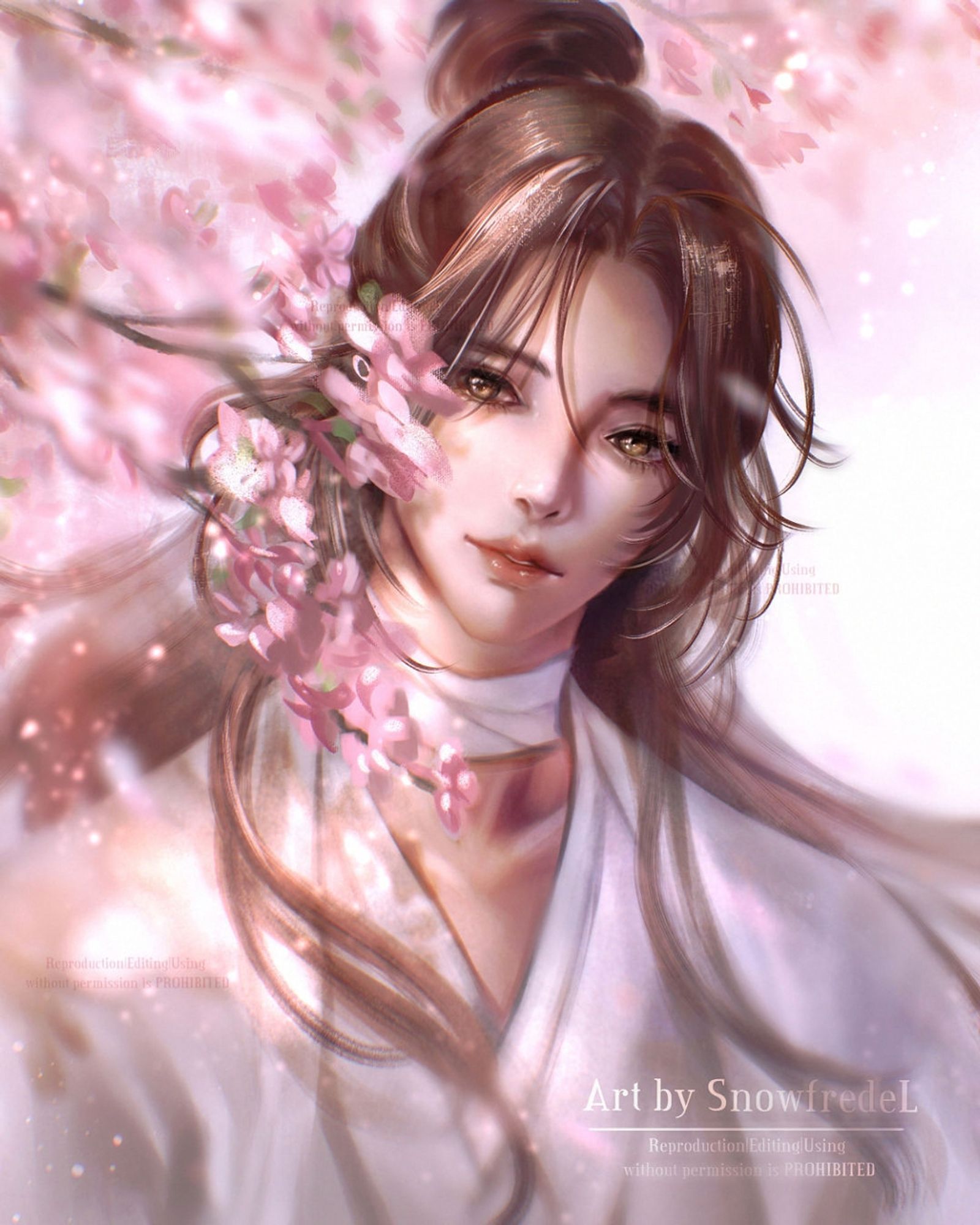 Xie lian from TGCF in semirealism painting with cherry blossom portrait cut