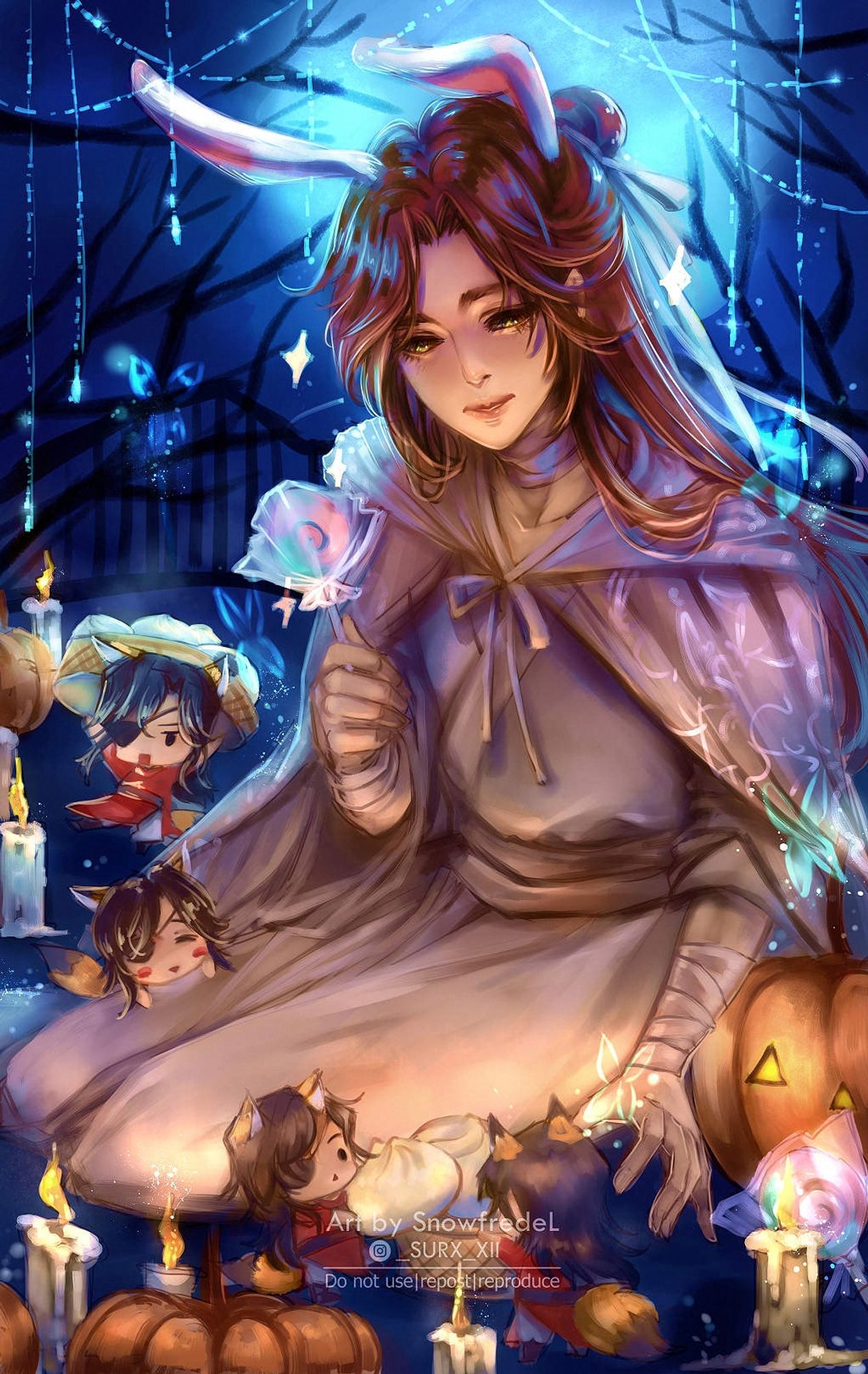 Hua cheng and Xie lian Hualian fanart from TGCF heaven official's blessing chinese danmei novel by mxtx illustration in halloween theme alice in wonderland