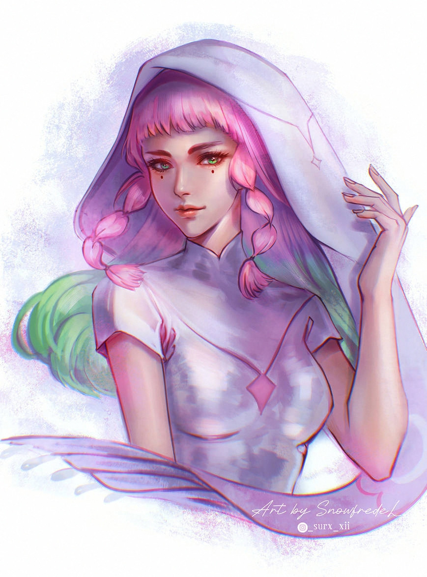 white robe hoodie female character art portrait, she has pink & green gradient hair