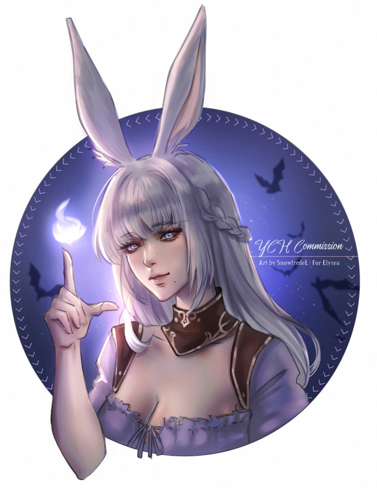 Commission of sketch color YCH bust up in halloween theme portrait from FFXIV final fantasy XIV ff14 , cute white hair viera