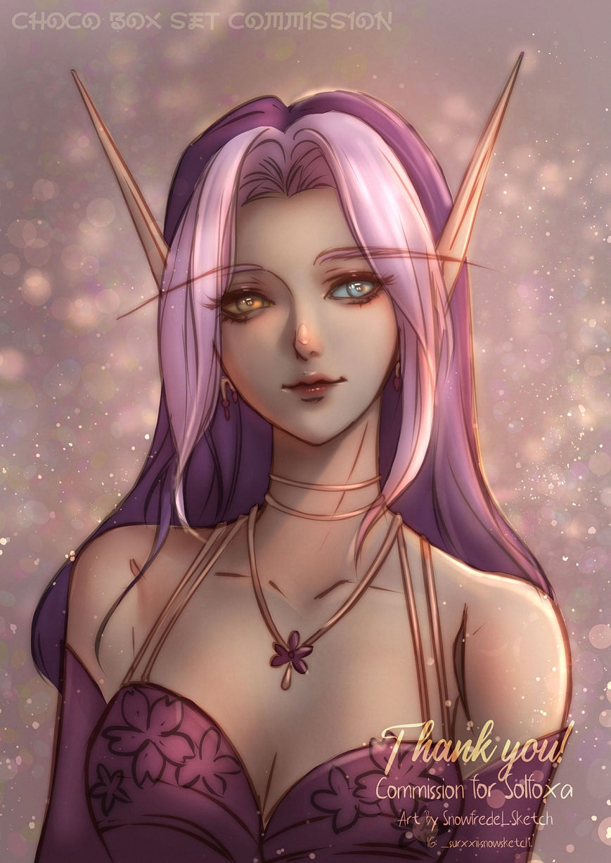 void elf character art portrait commission she has pink hair with deep pink costume