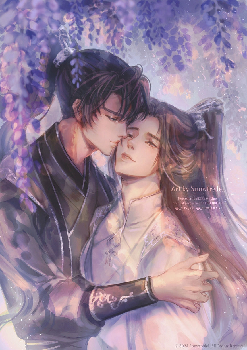 art of ranwan mo ran & chu wanning from 2ha erha fanart from Rou Bao Bu Chi Rou’s The Husky and His White Cat Shizun danmei  kissing beneath wistoria tree