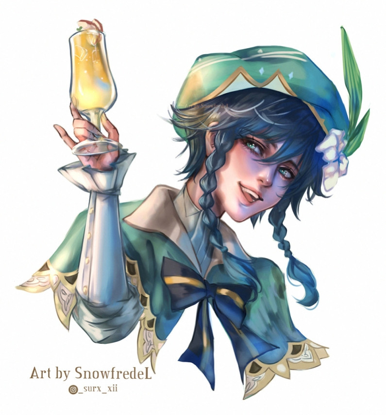 full render illustration of Venti from genshin impact holding apple juice glass and smile cheerfully