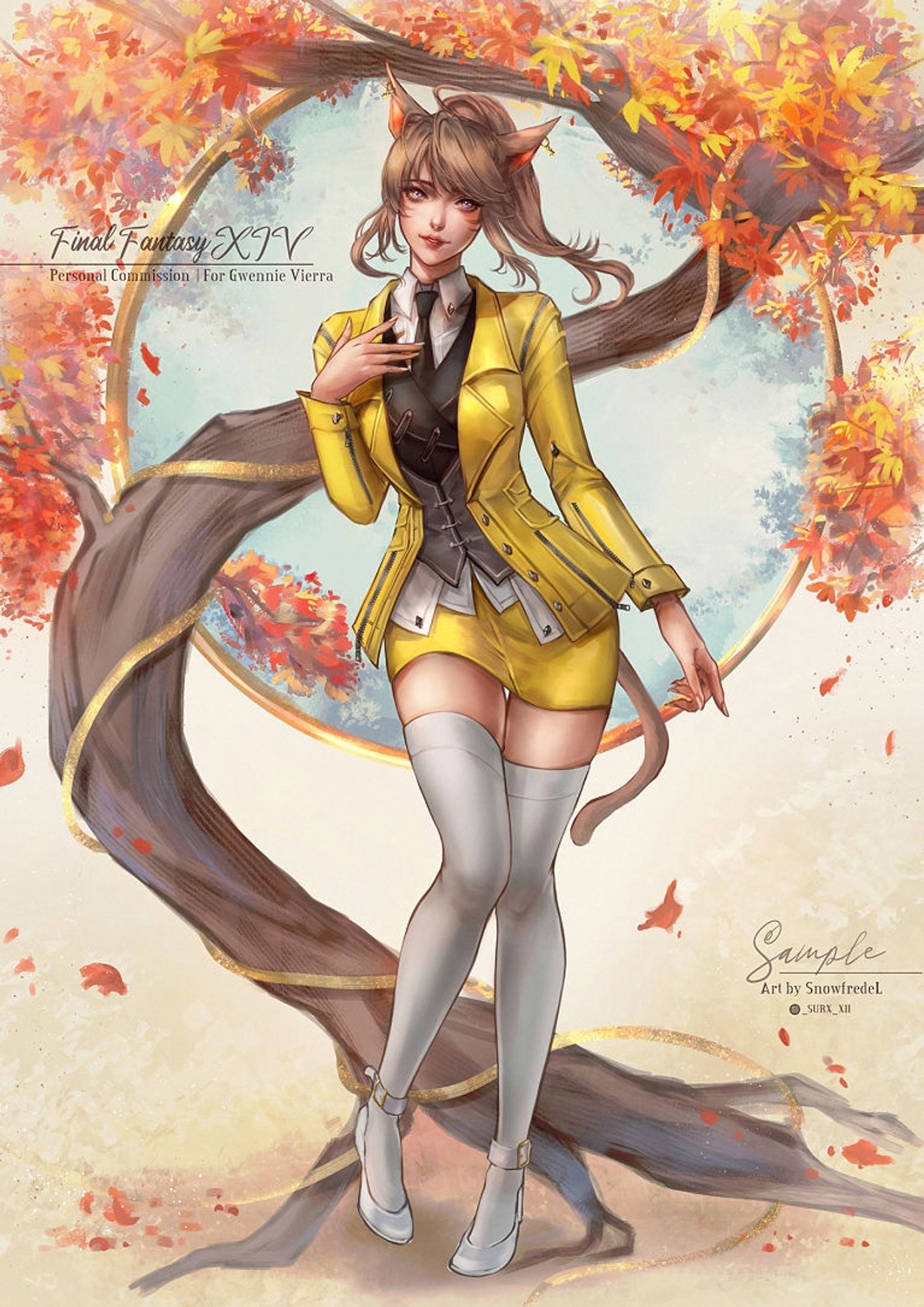 Cute miqote fullbody character art commission from final fantasy xiv FFXIV with autumn background, she's wearing yellow suit outfit and has ponytail hairstyle