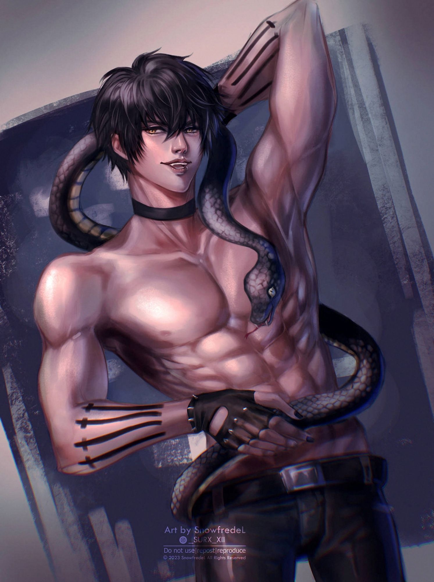 the build- body black hair male character standing top naked play with big black snake