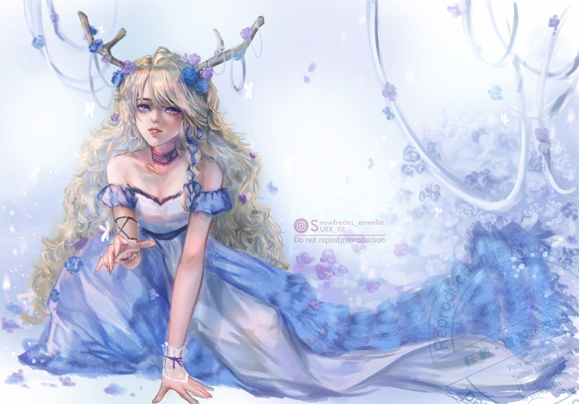 Illustration of deer race girl with flowery scene, she's in blue long dress