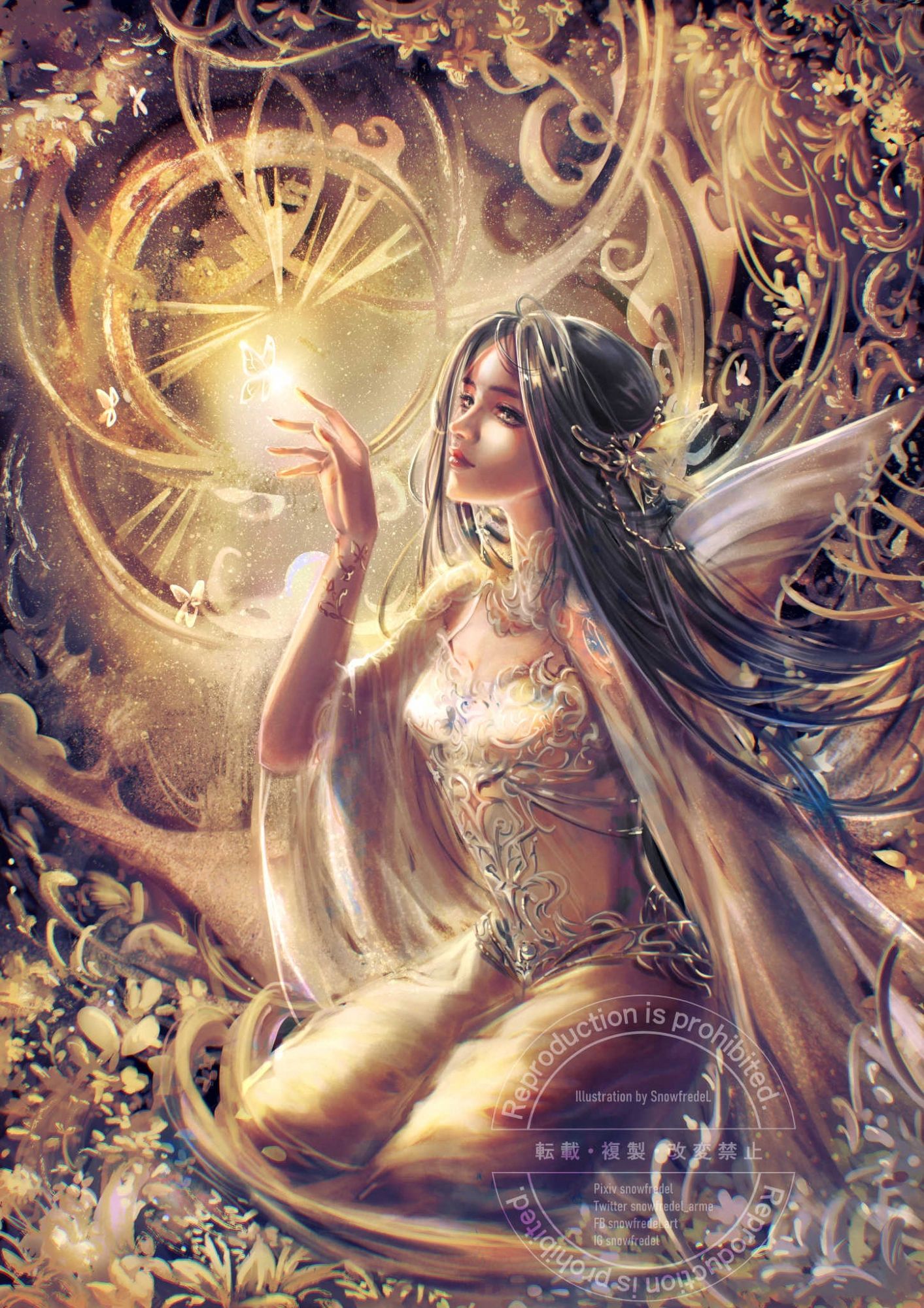 Golden Metamorphosis theme fantasy design long fairy woman reborn in golden steams with fairy wings 