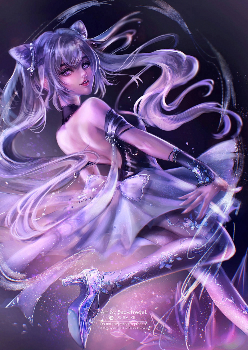 Keqing from genshin impact fanart in purple color tone background she is wearing glass slipper shoes