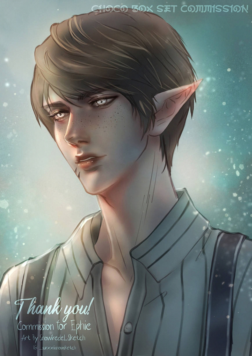 Sketch with airbrush coloring (airy color) commission of final fantasy XIV FFXIV Elezen (elf race) character, he has 2 scars on his chin with white eyes.