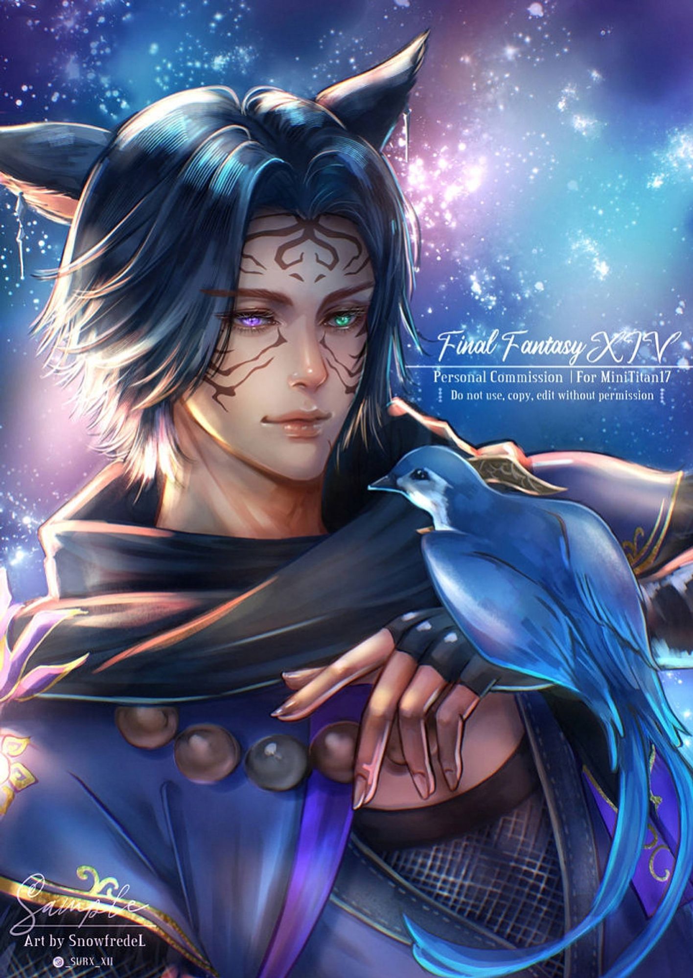 Miqo'te miqote cat ears boy character illustration art commission from ffxiv final fantasy xiv ff14 with his star bird and galaxy background