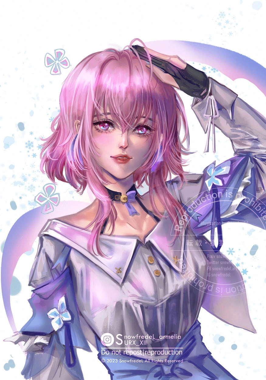 March7th from Honkai star rail fanart she has pink short hair with white-purple color outfit