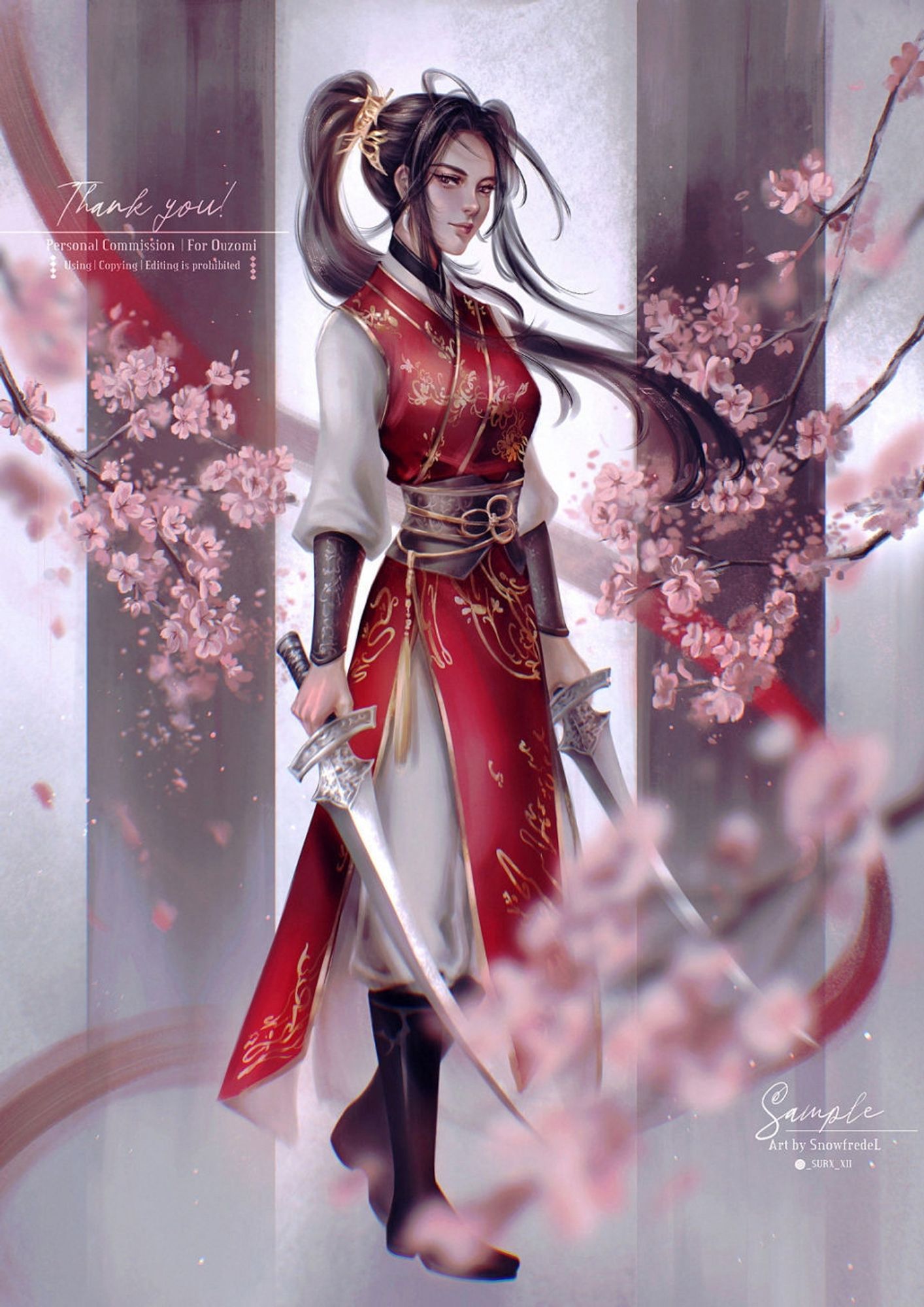 Oriental warrior princess in red fighting outfit with dual sword