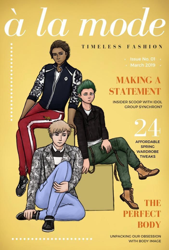 Yellow magazine cover of Carlos, Mima, and Kuramochi posing as models in different outfits. Around them is text for different article titles.