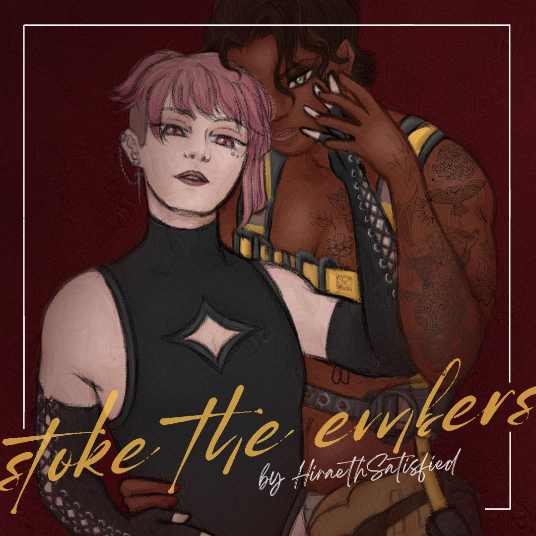 Digital art by poster of Carlos and Haruichi in a harness and bodysuit for a firefighter pinup calendar. Text reads “stoke the embers by Hiraeth Satisfied” in yellow and white handwriting with a white frame around the image.