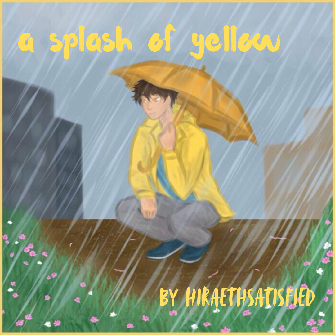 Drawing by original poster of a rainy day and Eijun in a yellow raincoat and umbrella crouching in the flowerbeds looking for worms. Title reads “a splash of yellow by Hiraeth Satisfied.”