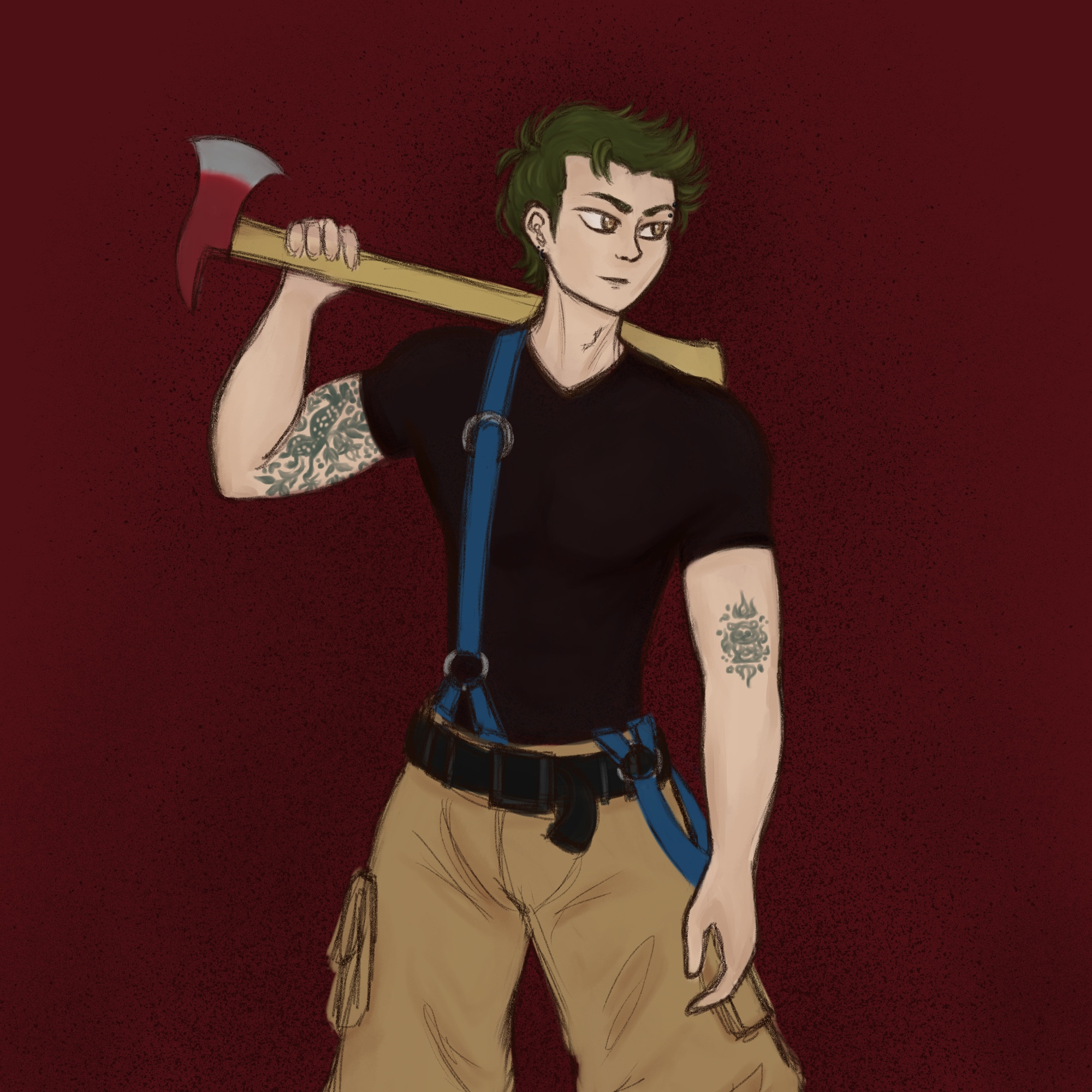 Art of firefighter kuramochi from collaborative alternate universe. He’s wearing half his uniform and carrying an ax, and has tattoos and piercings.