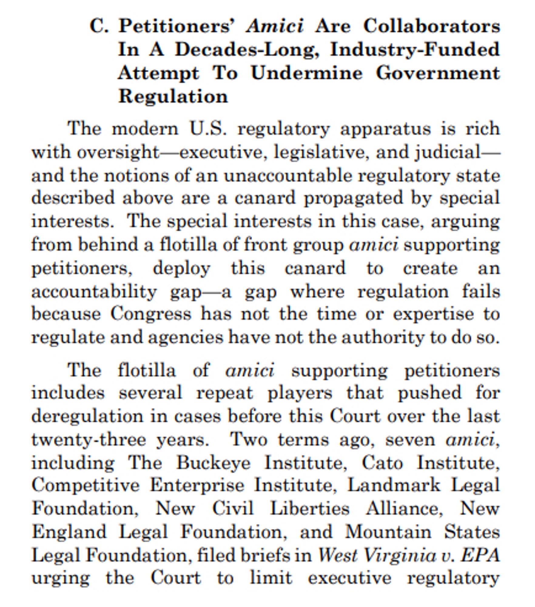 Passage from linked brief beginning at p. 32 of the PDF following the heading, "Petitioners’ Amici Are Collaborators In A Decades-Long, Industry-Funded Attempt To Undermine Government Regulation"