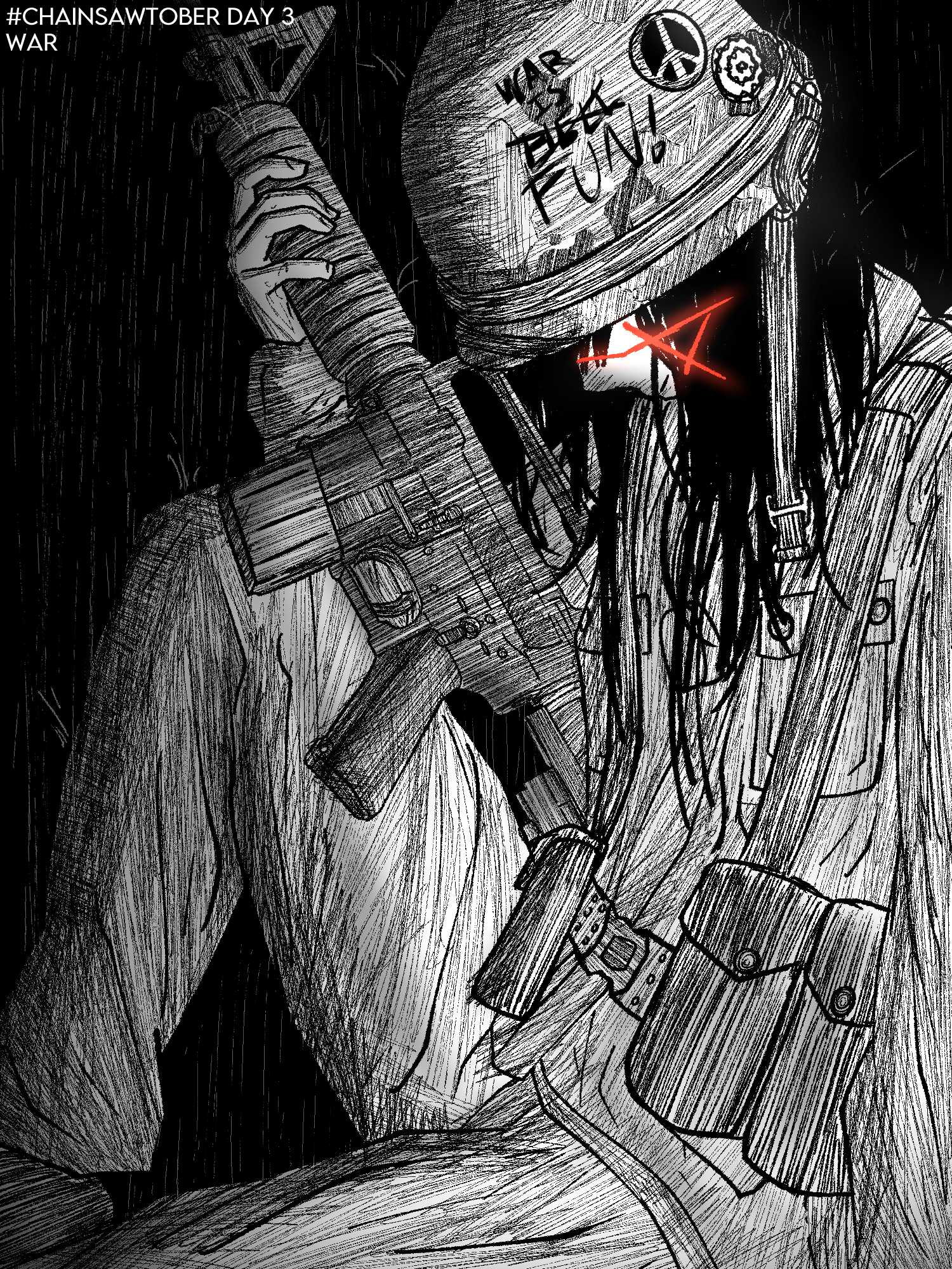 A sketchy monochrome illustration of Yoru sitting down in the rain, holding an M16 against her hip. Her head is tilted forward, her scar glowing on her face. Her outfit is a US military uniform from the vietnam war, with a helmet that reads "WAR IS HELL", but HELL has been crossed out and replaced with the word FUN. There are two buttons on her helmet, one is a peace sign, one is the concentric ring design of a horseman's eye.