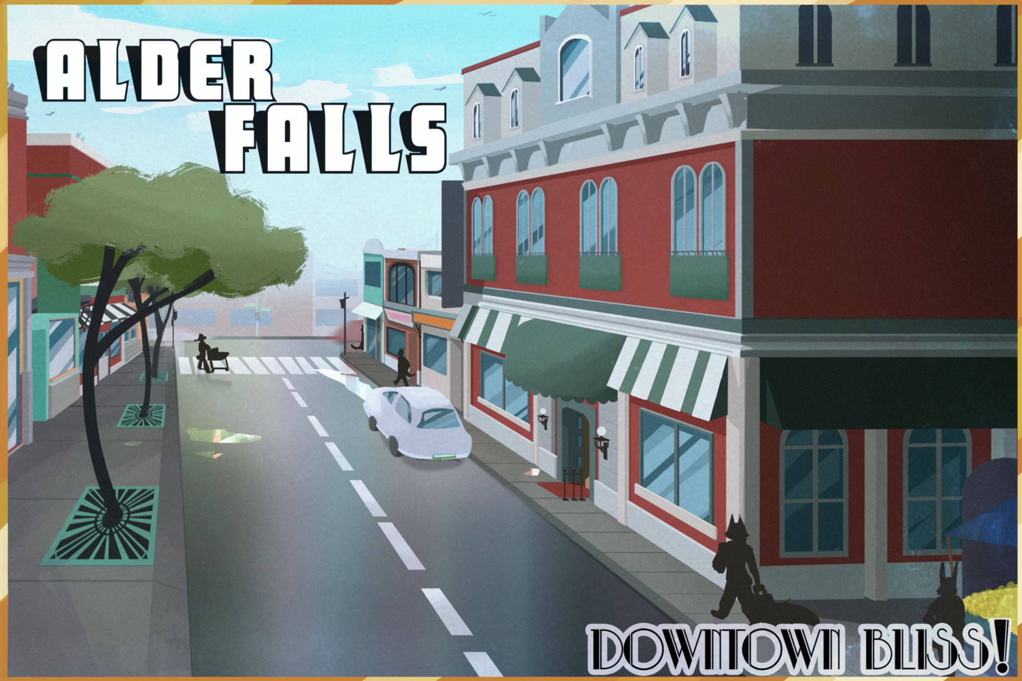 A gold bordered postcard of Main Street in Alder Falls.
Silhouetted figures go about their business in front of red brick buildings and the text in the lower right hand corner reads 'Downtown Bliss!'