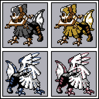 The Pokemon Type:Null and Silvally drawn in a style similar to that of Gold, Silver, and Crystal