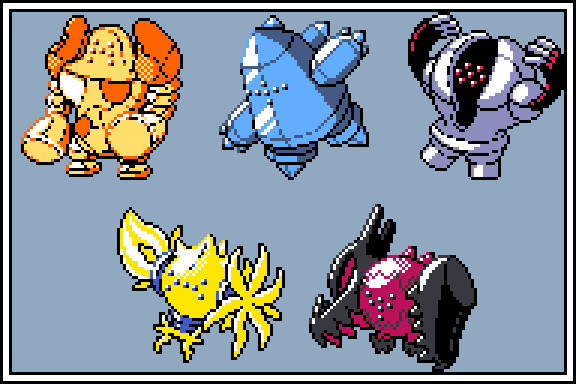 Gameboy Color style sprites for the Pokemon Regirock, Regice, Registeel, Regieleki, and Regidrago