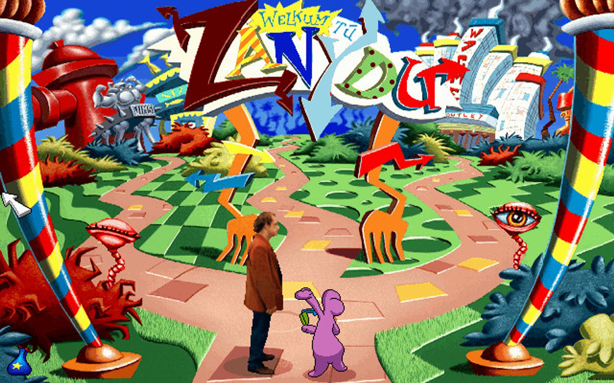 Lloyd and the purple creature stand on a path that splits into three just before them. Ahead is a giant jumbled sign which reads "WELKUM TU ZANYDU" in various colors and patterns of warped serif letter. The sign is supported by two bent-up orange forks stuck into the ground. Eyeballs on stems, bushes in several hues, a giant fire hydrant, a chrome statue of a flexing dog, and some kind of office or factory fill out the background.