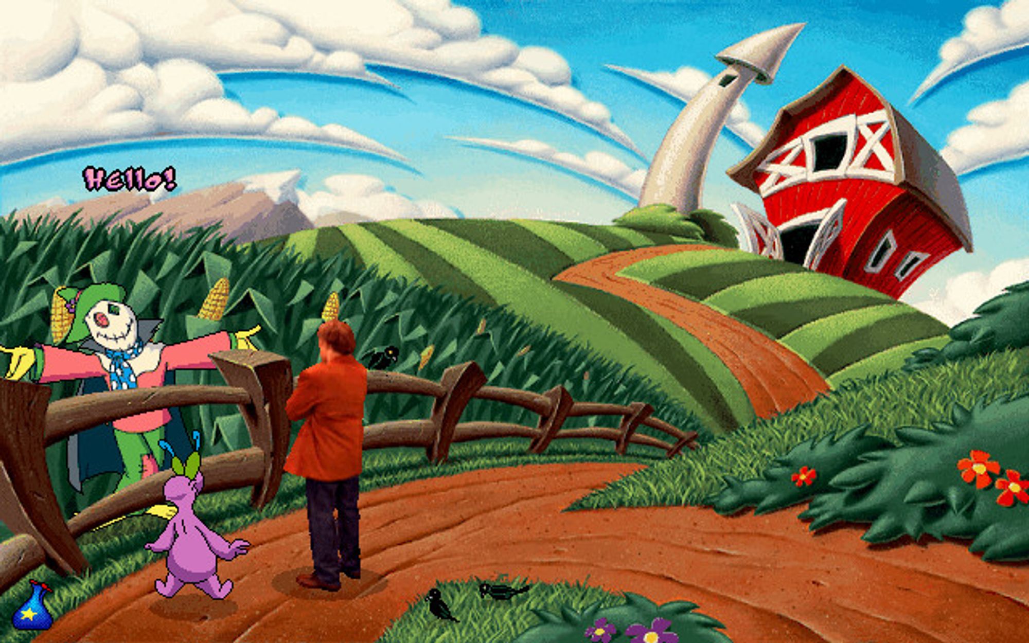 Screenshot from the game. Christopher Lloyd stands with his back to the camera on a dirt path, looking over a fence at a goofy scarecrow who is saying "Hello!". To his left is some sort of purple creature, also facing away from camera. The dirt path disappears over a very round hill and seems to lead to a barn and silo drawn in distorted, Ren and Stimpy perspective.