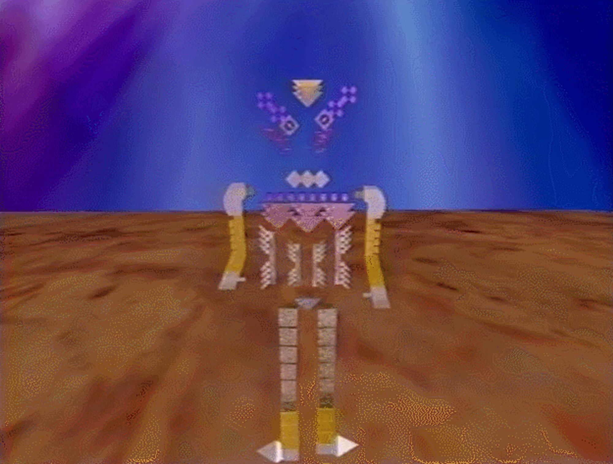 Small loop from the attached video of a figure made from cubes and triangles dancing robotically on a dirt-textured plane in front of a gleaming blue and purple sky