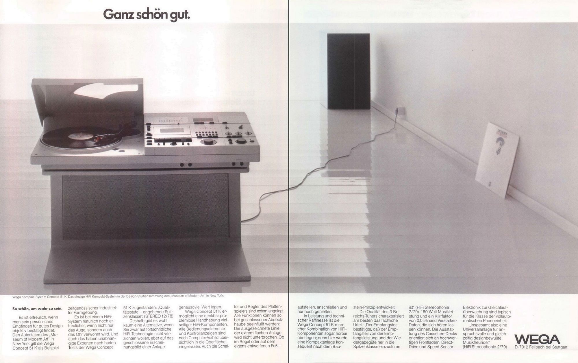 Two-page spread with a large, dramatic photo where a pedestal-style turntable with attached control deck--which looks like a Ron Cobb-esque spaceship instrument panel--is plugged into a distant outlet in a white, shiny room.