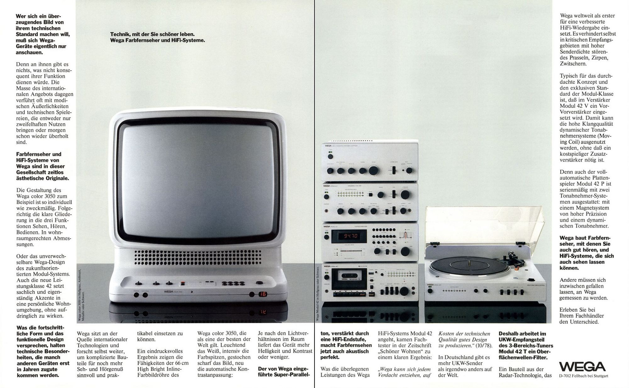 A two-page spread centered on a large sleek CRT and some more boxy stereo equipment.