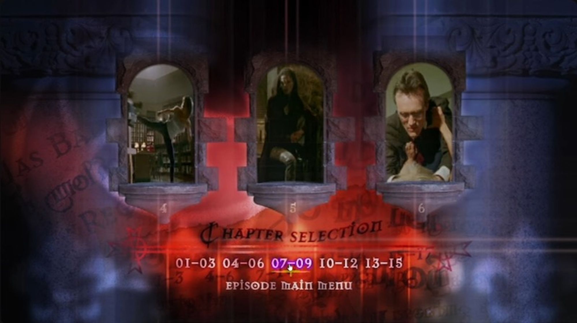 A "Chapter Selection" menu where stills from an episode are seen through arched stone windows, which exist ghostily in front of a red-and-blue murky collage of pillars, Gothic text, and smoke.