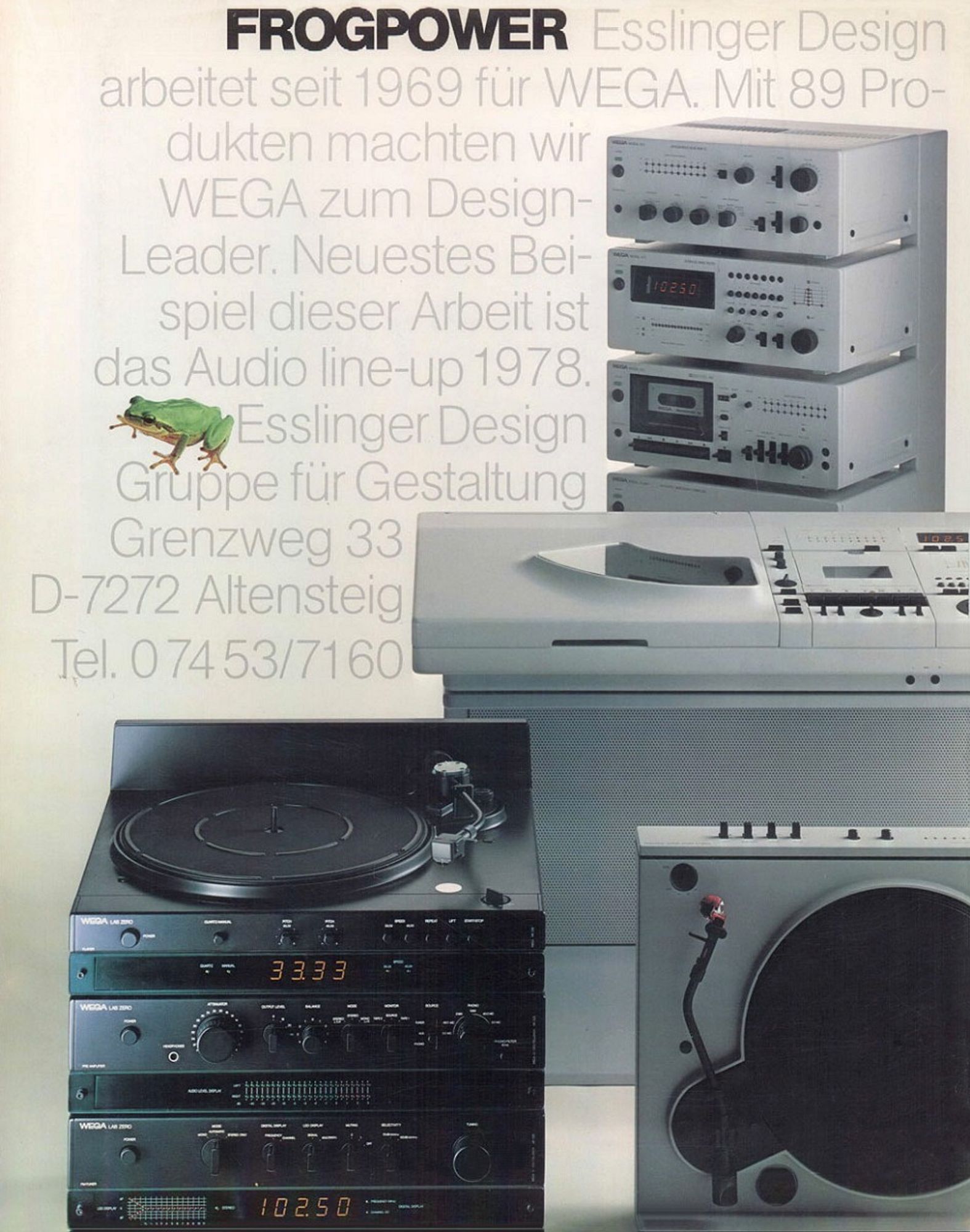 Magazine ad for a turntable and some stereo equipment, whose industrial design is monochrome and cubic as if from an 80s vision of outer space. Some copy is set in German in the white space, interrupted by a floating photo of a frog.