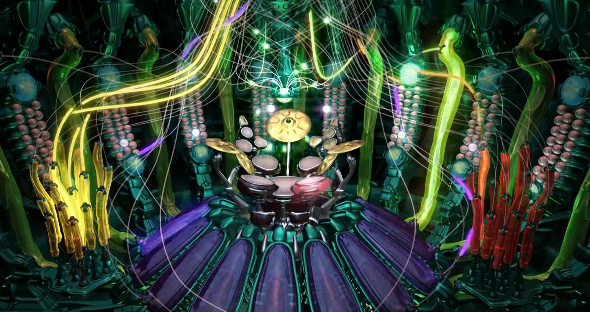 Still from the linked video of a 3D-aminated chamber full of alien-looking glass blobs and tubes linked by floating fiber-optics. In the center is a drum kit where none of the drums are round, and the cymbals look strangely organic.