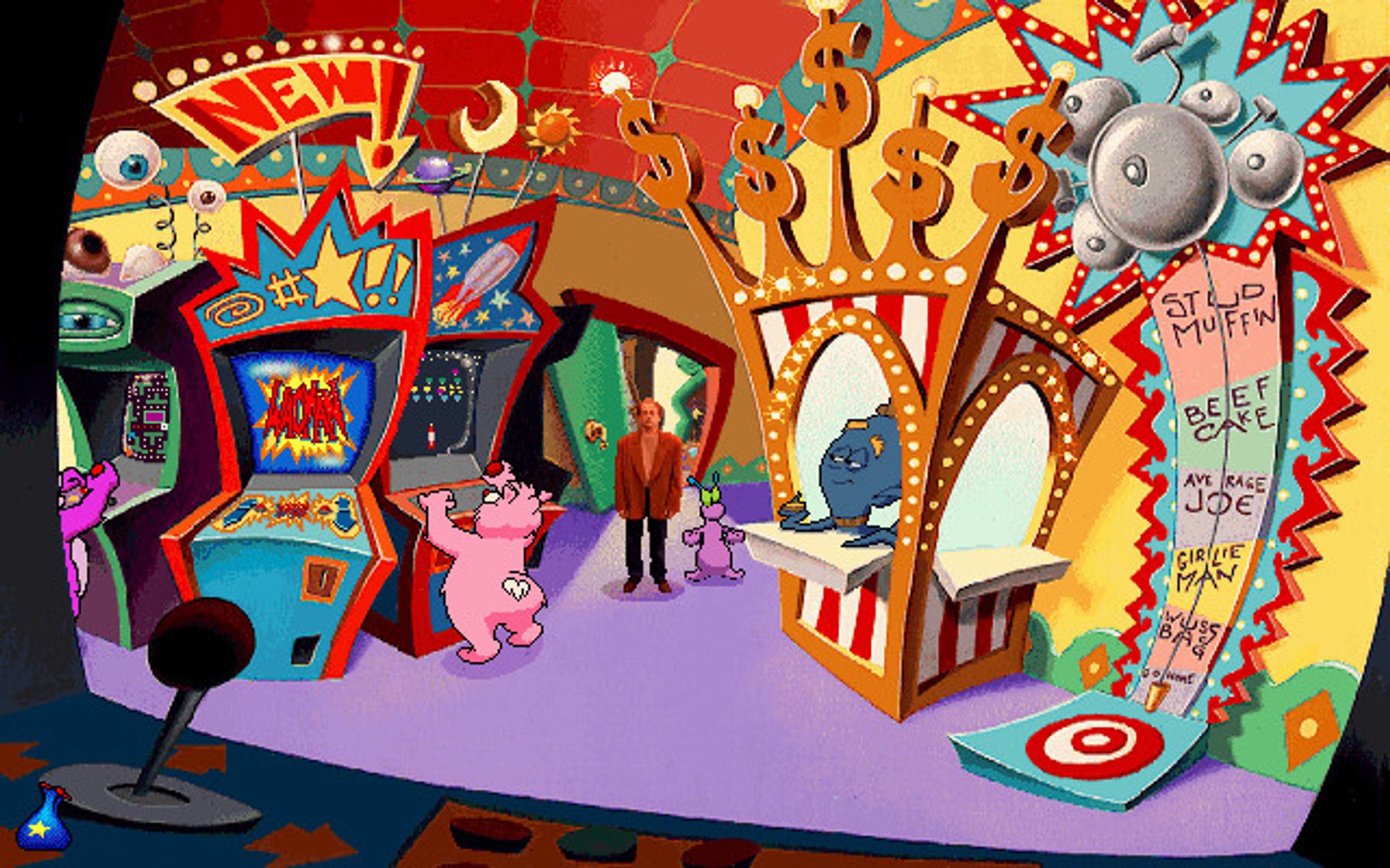 Screenshot of the game. Drew Blanc (Christopher Lee) is FMV'd into a cartoon arcade where a Care Bear-esque pink creature plays an arcade cabinet that looks like Space Invaders. A goofy blue octopus eyes him up from the ticket counter. The camera appears to actually be looking out through the screen of an arcade cabinet, and everything is fish-eye warped in a Cool World fashion.