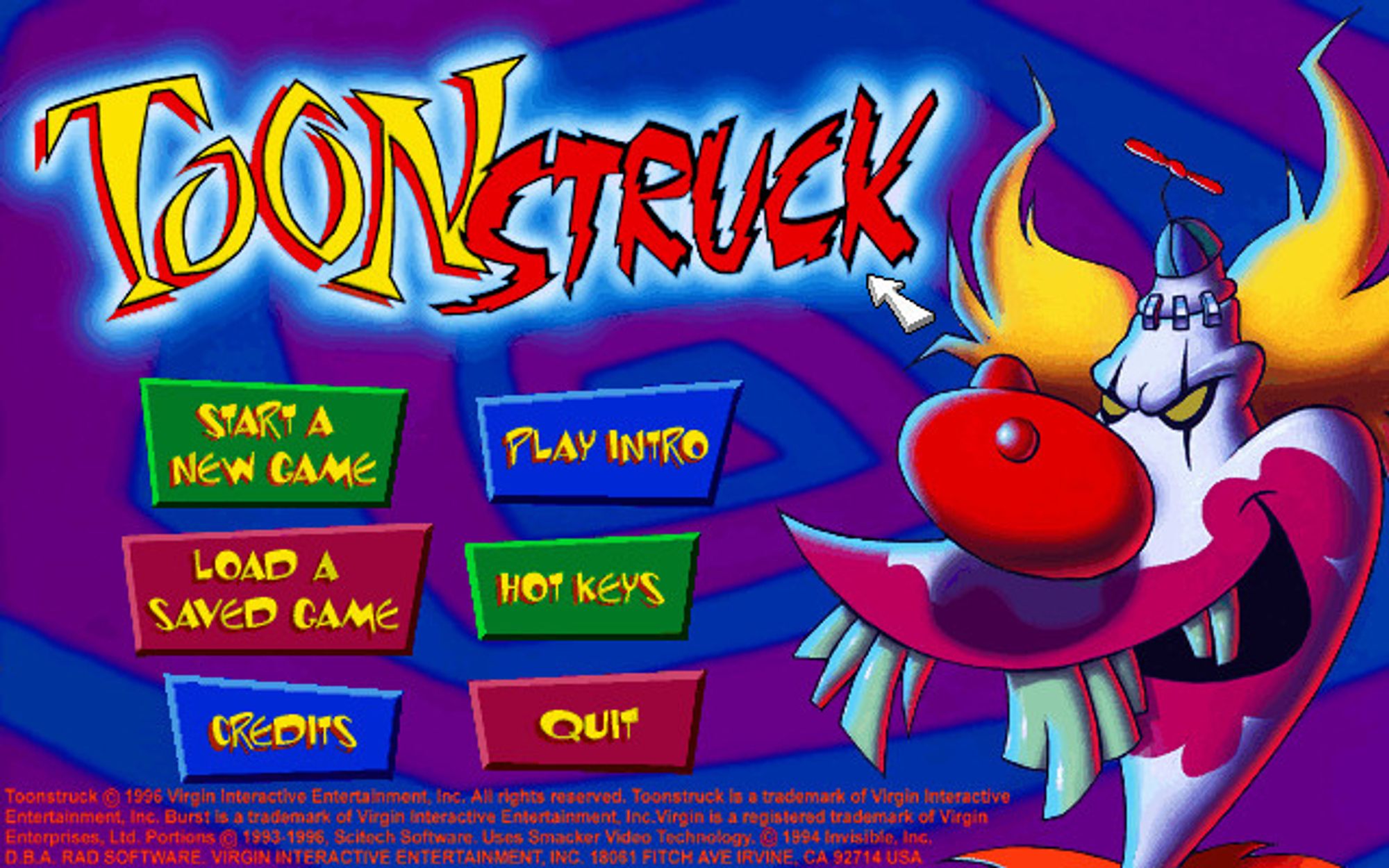 The title screen for Toonstruck. A Trix Yogurt-esque blue-and-purple swirl makes up the background. The logo glows in neon hot-dog colors above some options like "Play Intro" and "Hot Keys," which are also set in red and yellow on various colors of wacky trapezoid. To the right of the UI is a scary clown with jagged cartoon teeth and what seems to be a row of metal staples keeping the top of his head attached.