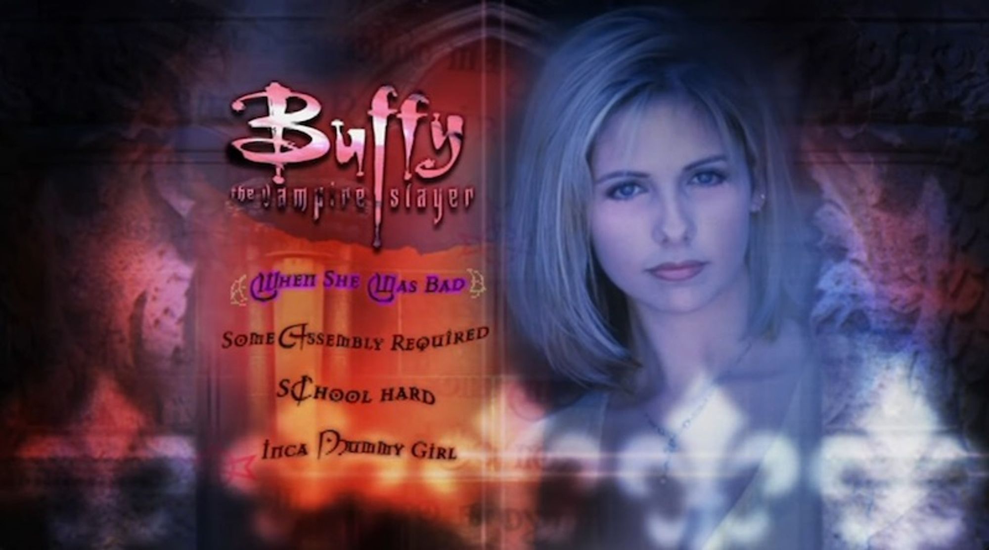 The DVD main menu, featuring a feather-edged and blue-cast photo of Buffy herself to the right of the show's logo and some episode titles which float around like wisps of smoke in front of an orange backdrop that combines photos of stone archways and flourishes with medieval text. A chain of ghostly, transparent fleurs-de-lis float by in the foreground.