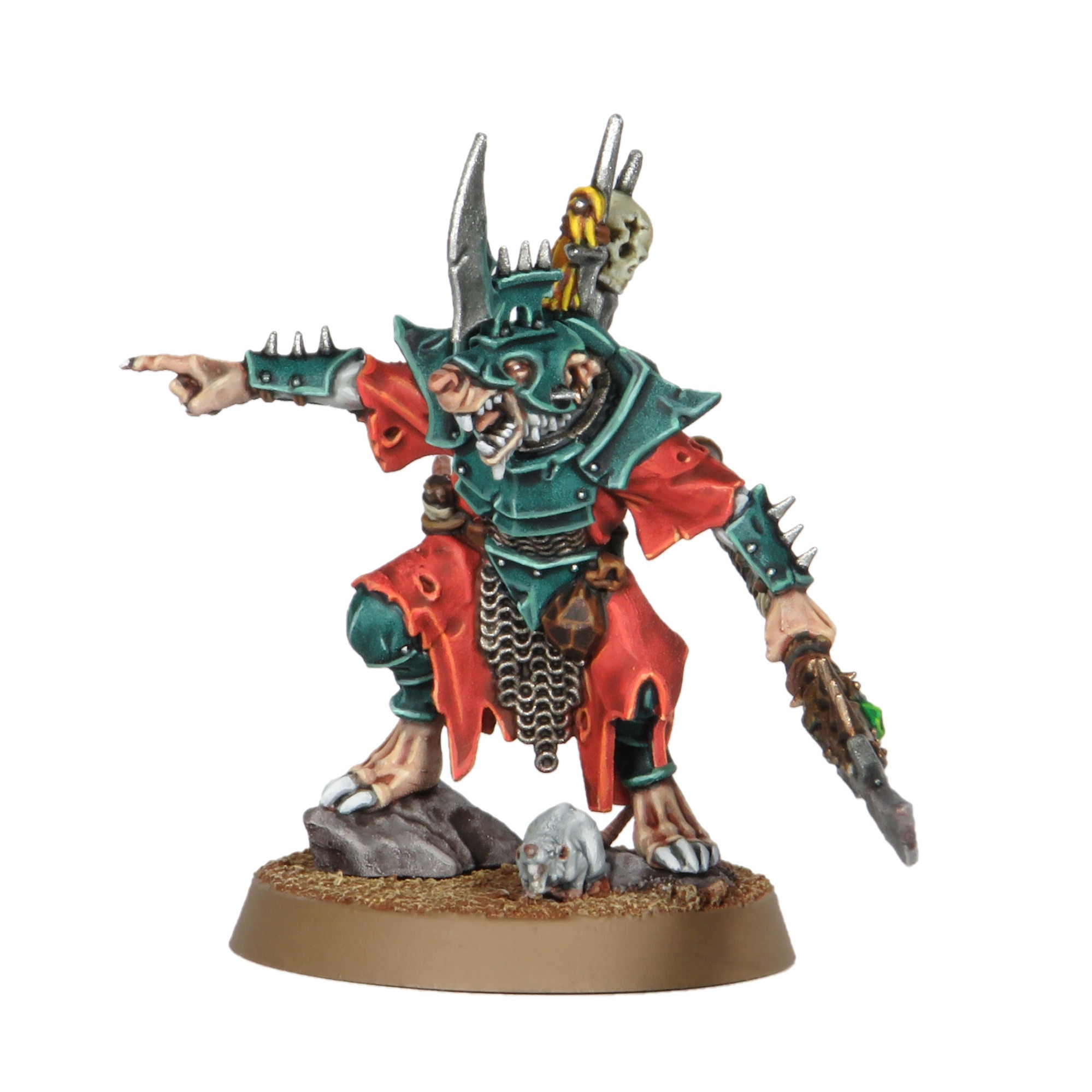 A Skaven Stormfiend with green armour wearing red cloth