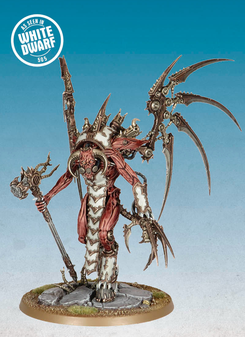 As Seen in White Dwarf 505 Vashtorr the Arkifane with white armour, bronze trim and flayed skin.