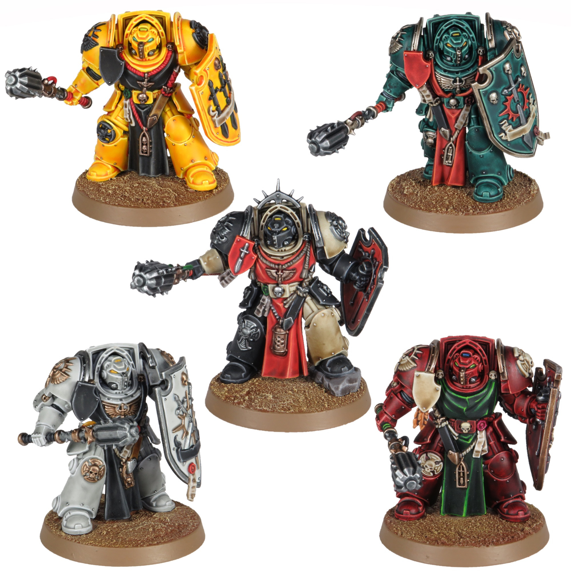 5 Deathwing Knights in yellow and black, green and red, bone and red, white and black and red and green 