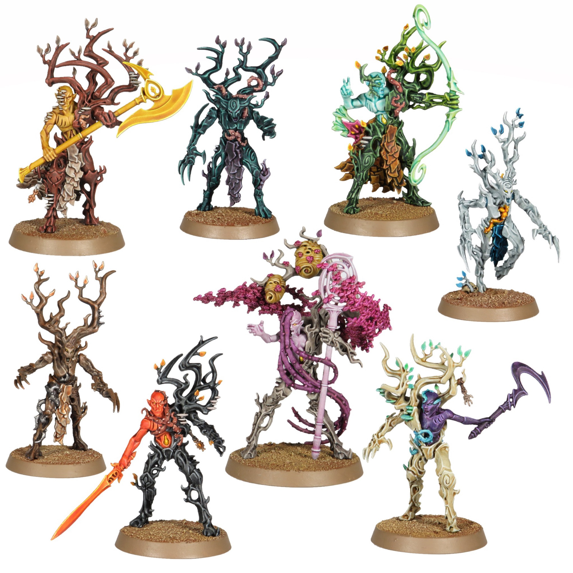 8 Sylvaneth, each in a colour scheme from a different Mortal Realm