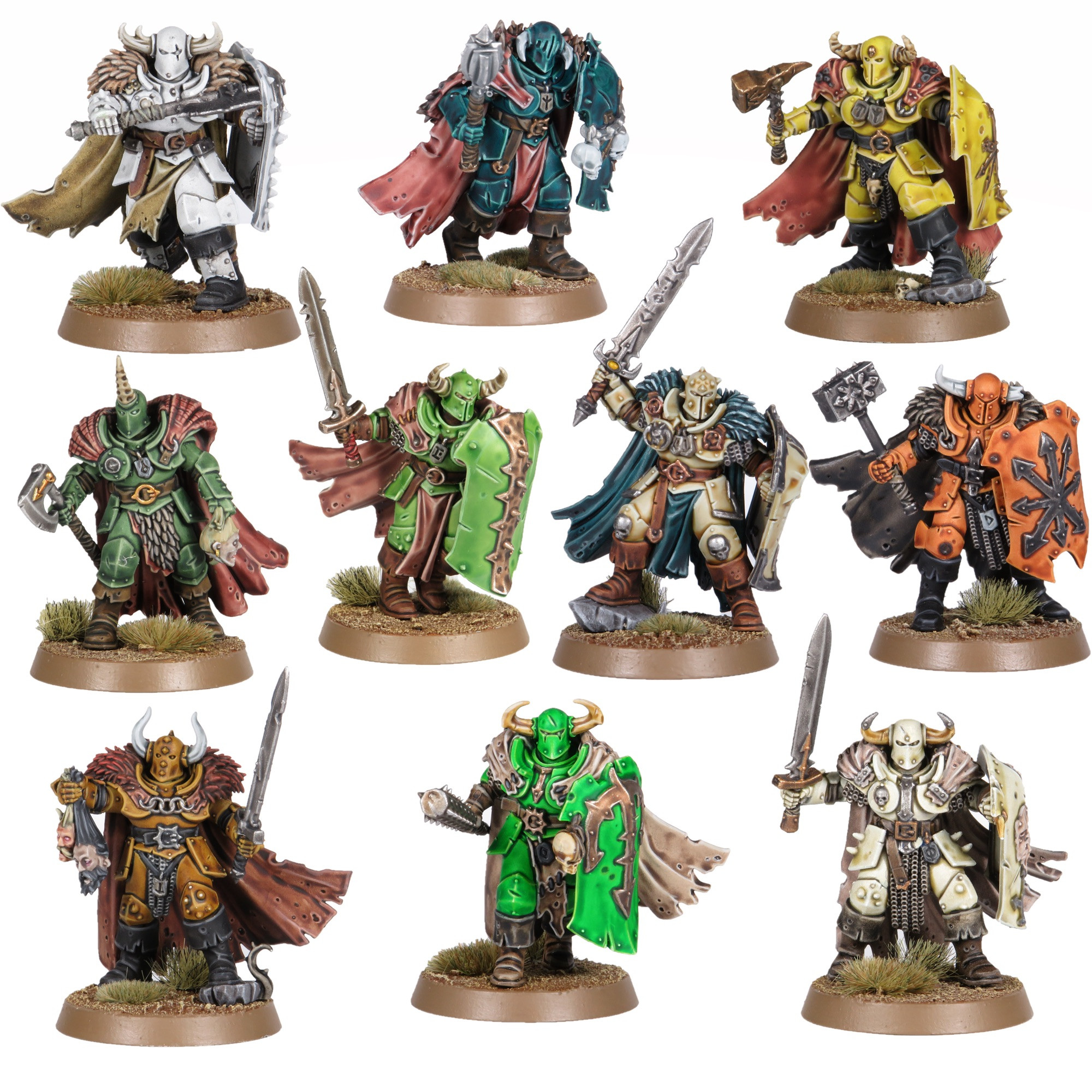 Ten Slaves to Darkness Chaos Warriors in white, dark turquoise, yellowish green, muted green, light green, bone, orange, ochre, bright green, and light bone 