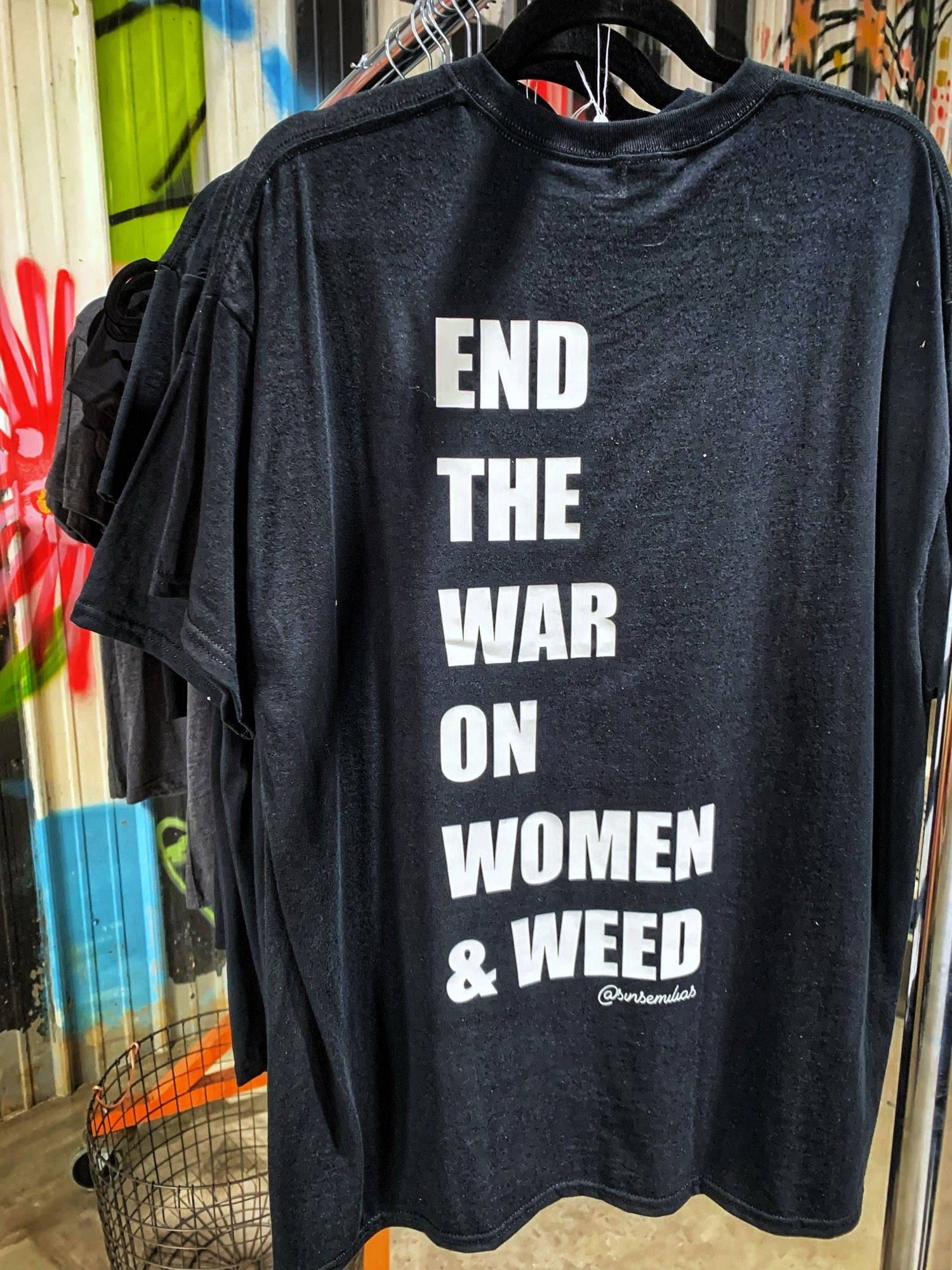 Farmers collective tee-shirt, black with white block lettering: End The War On Women & Weed - Tennessee