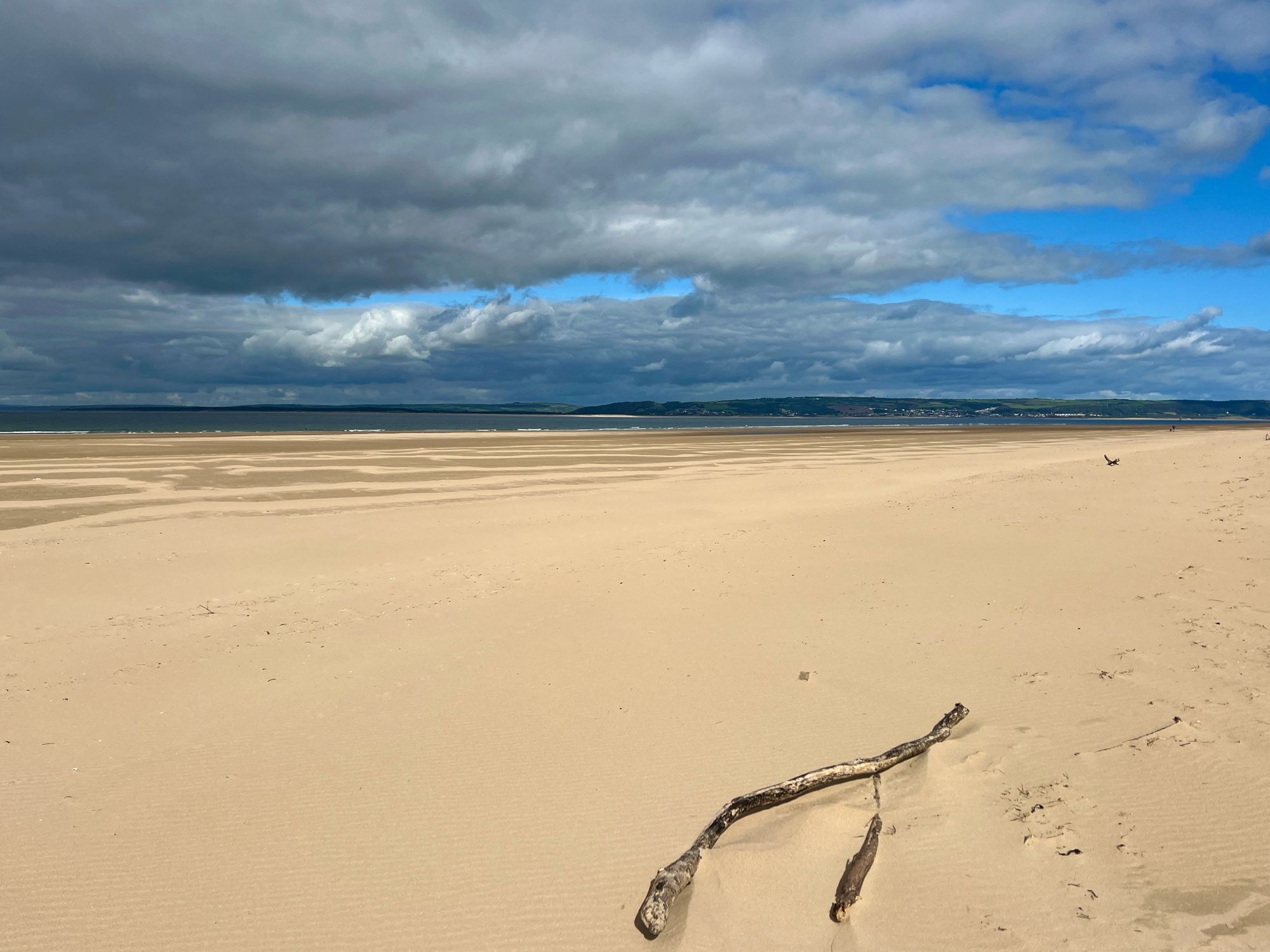 Landscape of a sunny flat golden sand beach with a streak of dark blue sea in the distance with strip of  low dark land on the other side of the Loughor estuary and a plate of dark cloud sliding across a blue sky. A wishbone-shaped old tree branch lies in the foreground.